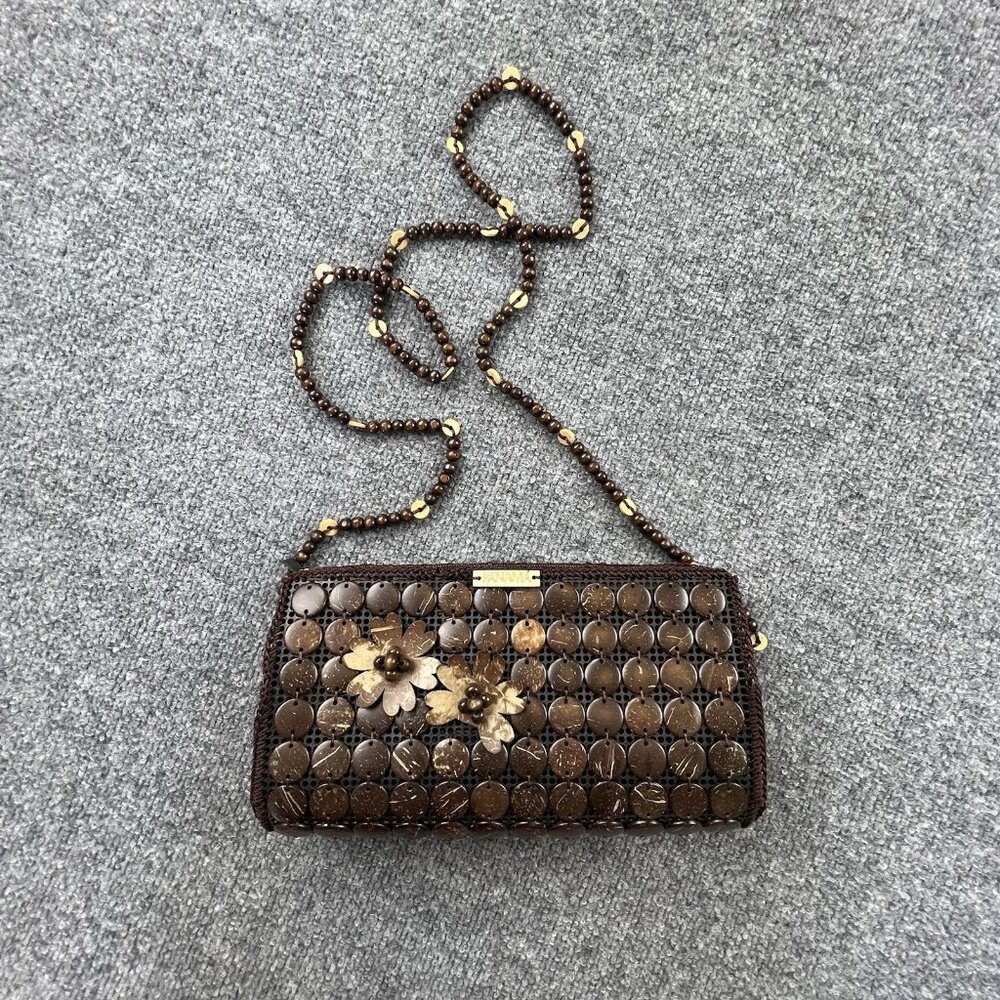 PANAMA Boho Coconut Shell Beaded Crossbody Purse Brown Floral Small‎ Bag Y2K